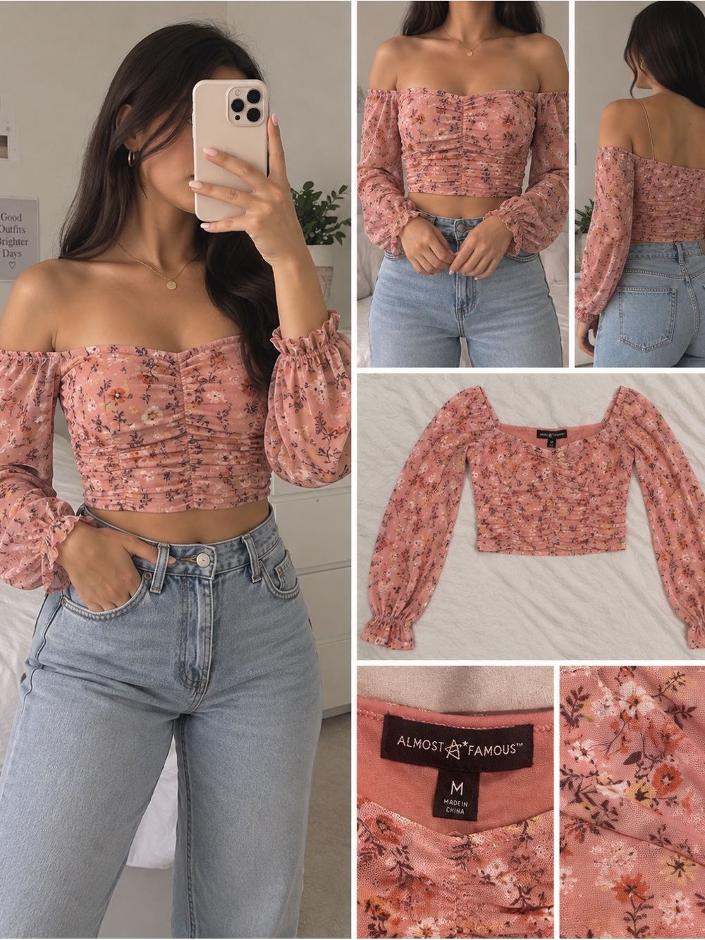 Almost Famous Dusty Pink Floral Off-The-Shoulder Smocked Crop Top